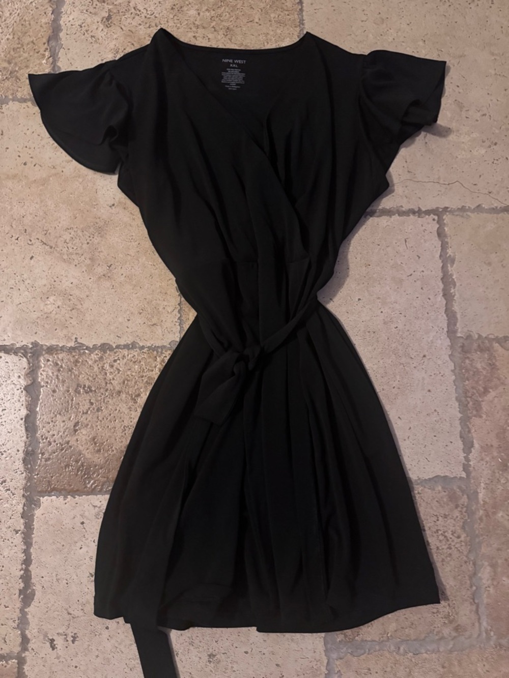 Nine West Black Short Sleeve Wrap Dress Waist Tie V-Neckline Womens XXL